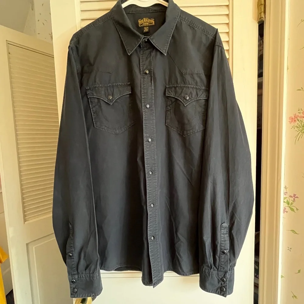 True Religion MENS Black Cotton Snap Front Western Shirt Size XXL